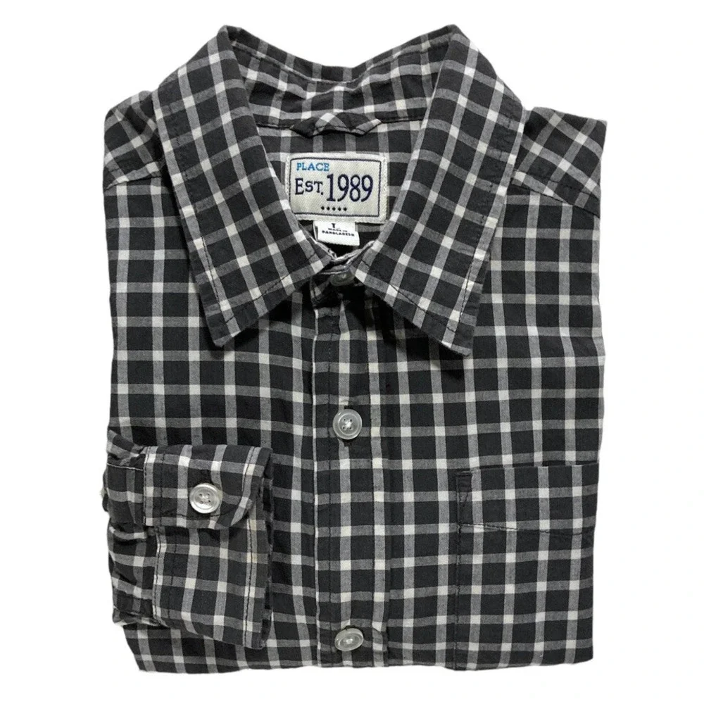 PLACE Size 10 12 Boys DRESS SHIRT Children's Place Plaid Button Up‎ Black White